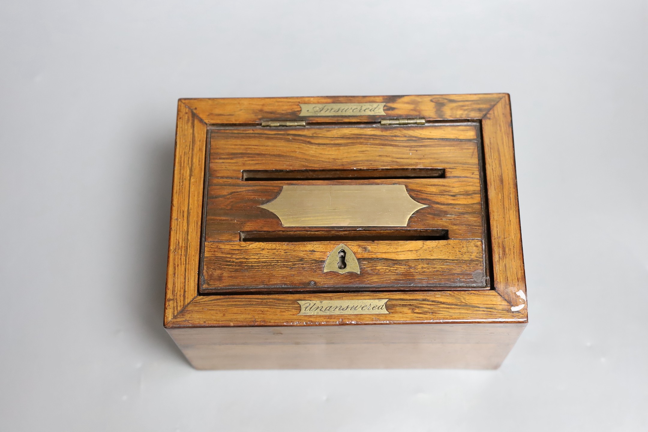 A Victorian rosewood letter box. 19.5cm wide